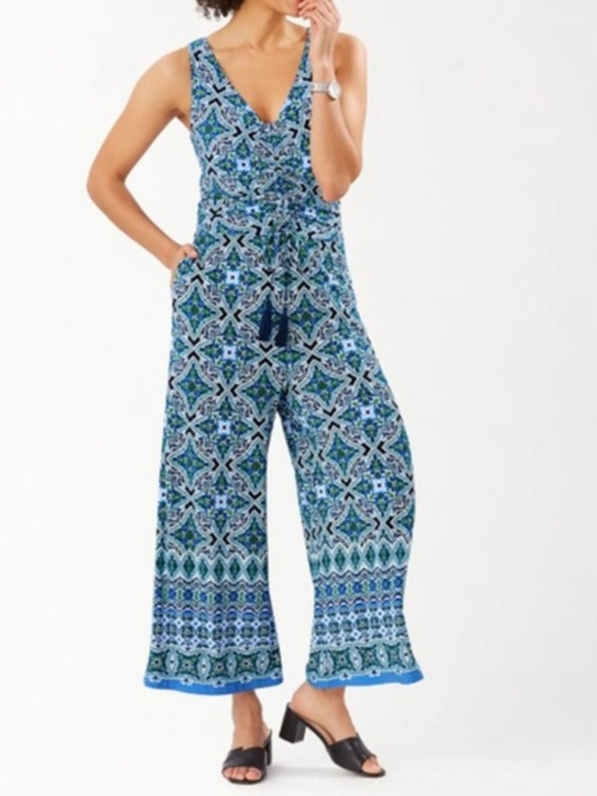 Tommy Bahama Pants - Tommy Bahama Blue Green Medallion Print Wide Leg Jumpsuit Size Small Resort